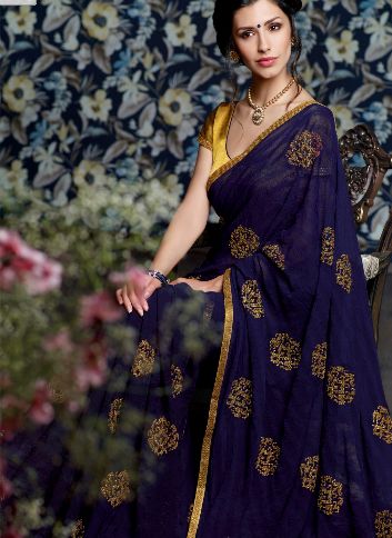 Deep Blue Chiffon Saree With Gold Sequin Work Sarees Indian Classy, Blue Chiffon Saree, Laxmipati Sarees, भारतीय दुल्हन संबंधी, Indian Look, Ghagra Choli, Indian Couture, Elegant Saree, Stylish Sarees