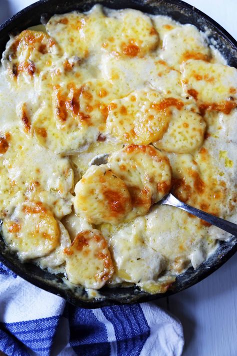 Cheesy Potatoes Au Gratin. Homemade cheesy scalloped potatoes with a rich cream sauce and melted cheddar cheese. The perfect potato side dish recipe! www.modernhoney.com #scallopedpotatoes #potatoesaugratin #potatoes #potato #thanksgiving Healthy Scalloped Potatoes, Scalloped Potatoes Au Gratin, Potato Au Gratin, Cheesy Scalloped Potatoes, Cheesy Potatoes Recipe, Modern Honey, Au Gratin Potato Recipes, Potato Side Dish, Au Gratin Recipes