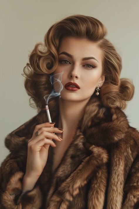 Elegant woman with vintage hairstyle and makeup, holding a cigarette, wearing a fur coat. Teased Curls, Mob Wife Makeup, Night Out Hairstyles, Half Up Curls, Light Bangs, Brown Hair Inspiration, Rubber Band Hairstyles, Short Shaved Hairstyles, Wife Style