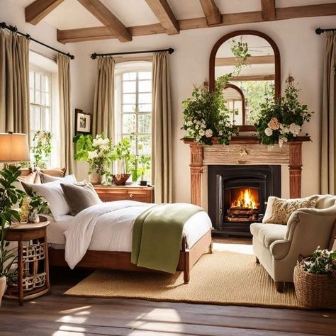 Bedroom Gas Fireplace Ideas, Bedrooms With Fireplaces Master, Boho Bedroom With Fireplace, Rustic Cottage Bedroom Ideas, Bedroom Layout With Fireplace, Cottage Master Bed, Small Bedroom With Fireplace, Bedroom With Fireplace Master, Fireplace In Bedroom Ideas