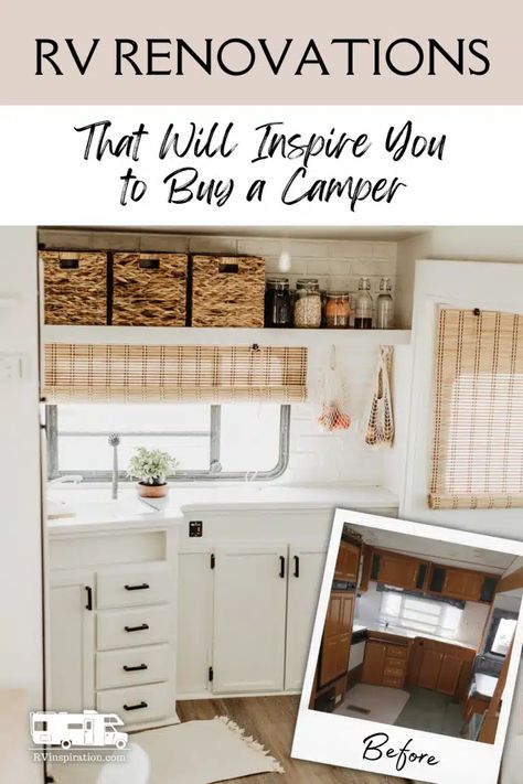 Before and after photos of 10 RV makeovers featuring painted walls and cabinets and new decor. Get ideas for your RV renovation! | rvinspiration.com #RVmakeover #RVrenovation #RVideas #RVmakeoverbeforeandafter #RVrenovationbeforeandafter Rv Flip Camper Makeover, Rv Makeover Before And After, Rv Cabinets, Cabinet Makeover Diy, Rv Redo, Rv Interior Remodel, Camper Trailer Remodel, Vintage Camper Remodel, Rv Renovation