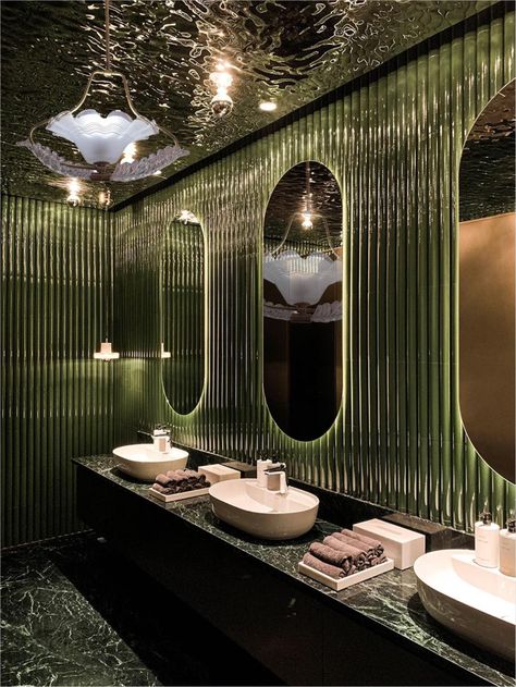 Restaurant Bathroom Interior Design, Beautiful Restaurant Bathrooms, Art Deco Restroom, Public Toilet Interior, Public Bathroom Ideas, Art Deco Interior Design Modern, Interior Design Vision Board, Marble Floor Pattern, Industrial Bedroom Design