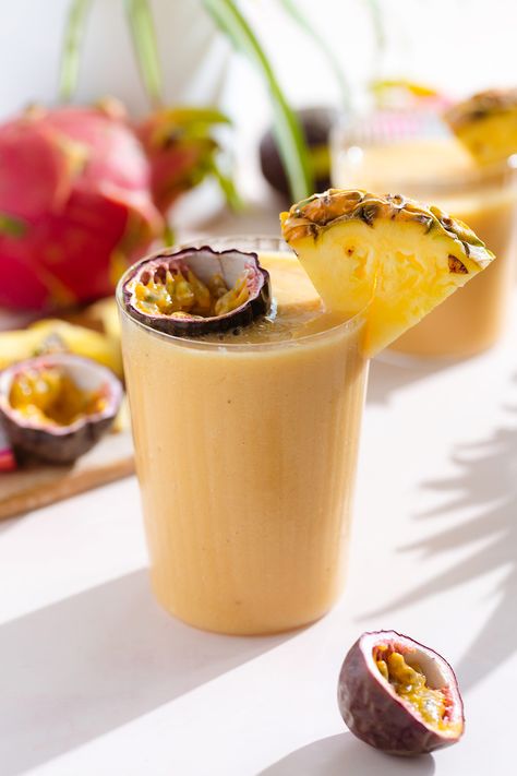 Goa Brochure, Passion Fruit Smoothie, Mango And Pineapple, Chef Aj, Smoothie For Breakfast, Mango Pineapple Smoothie, Light Orange Color, Fruit Juice Recipes, Sweet Smoothies