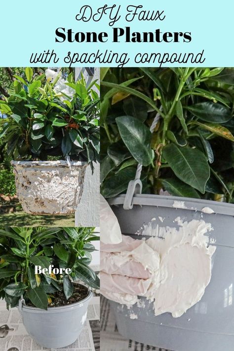 DIY faux stone planters Faux Cement Planters, Diy Faux Concrete Planters, How To Make Plastic Planters Look Like Concrete, Faux Stone Planter Diy, Diy Faux Cement Planter, How To Make A Plastic Pot Look Like Concrete, Paint Garden Pots, Plastic Hanging Planters, Diy Painted Vases