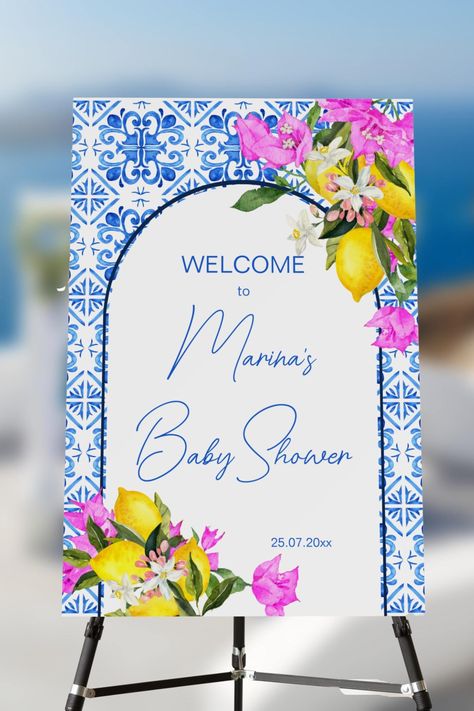 Baby Shower welcome sign board Blue Tiles Lemons bougainvillea for Mediterranean themed baby shower Italian Baby Showers, Lemon Themed Party, Blue Blanc, Personalized Balloons, Sign Board, Shower Welcome Sign, 16th Birthday Party, Baby Shower Welcome Sign