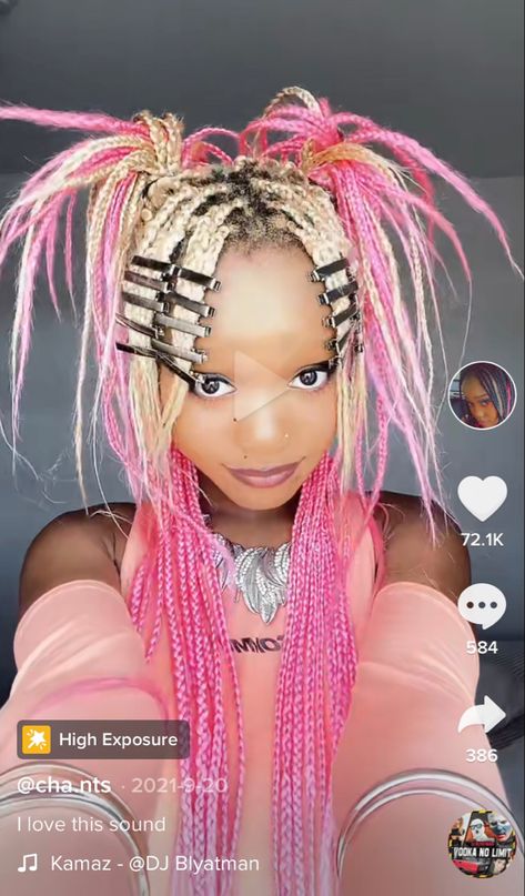 Pink Bubble Braids, Alt Braids Hairstyles, Raindrop Braids With Beads, Alt Braided Hairstyles, Hime Cut Braids, Scene Hair Ideas, Jellyfish Haircut Braids, Braid Mullet, Hot Pink Braids