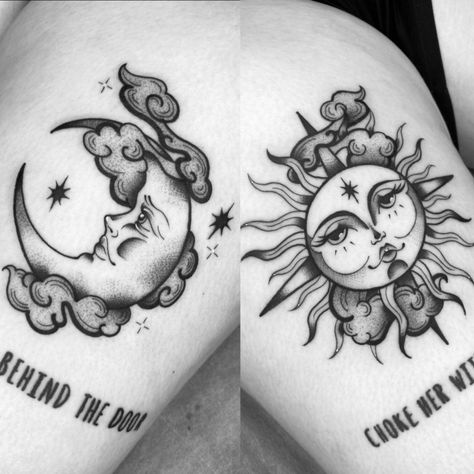 Tattoos of a sun and a moon in black and white Sun And Moon Traditional Tattoo, Sun And Moon Tattoos, Tattoo Sun, Moon Sun Tattoo, Sun And Moon Tattoo, Moon Tattoos, Tattoos Inspiration, Sun Tattoo, Moon Art