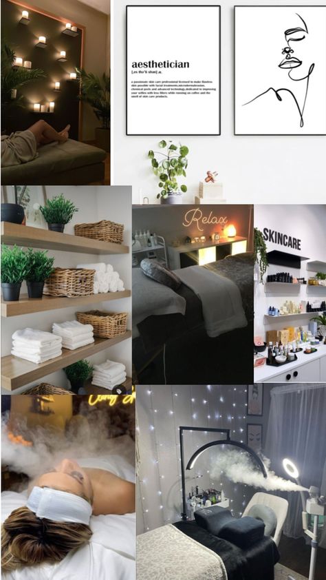 Waxing Room Aesthetic, Black And White Spa Aesthetic, Skin Care Esthetician, Black Esthetics Room, Esthetician Mood Board, Esthetician Must Haves, Small Esthetician Room Ideas, Luxury Esthetician, Esthetician Tools