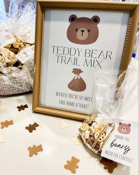 Bear Shower Food Ideas, Bear Theme Shower Ideas, Teddy Bear Sweets, Teddy Bear Party Ideas First Birthdays, Beary Sweet Birthday, Bear Trail Mix Teddy Grahams, First Birthday Treat Bags, Baby Bear Theme Baby Shower Ideas, Bearly One Party