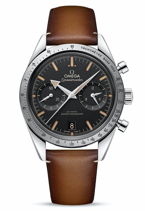 Omega Speedmaster ‘57 Master Chronometer Chronograph – Element iN Time NYC Omega Speedmaster 57, Speedmaster 57, Omega Co Axial, Brown Leather Strap, 3 O Clock, Omega Speedmaster, Luxury Watches For Men, Omega Seamaster, Brushed Stainless Steel