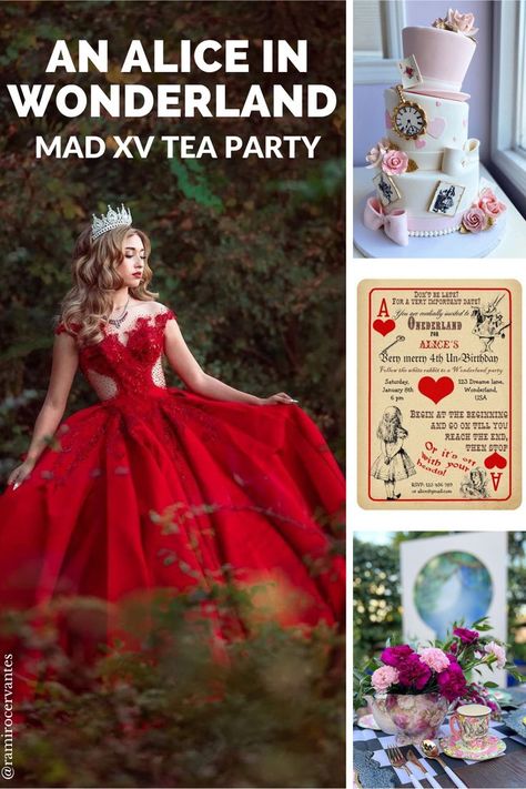 Learn how to plan a quinceanera based on the Alice in Wonderland book and movies // Quiceanera.com // quinceanera themes // Alice In Wonderland Quinceanera, Wonderland Sweet 16, Quinceanera Centerpieces, Quinceanera Themes Dresses, Alice In Wonderland Tea Party Birthday, Alice In Wonderland Dress, Alice In Wonderland Book, Dress Quinceanera, The Queen Of Hearts