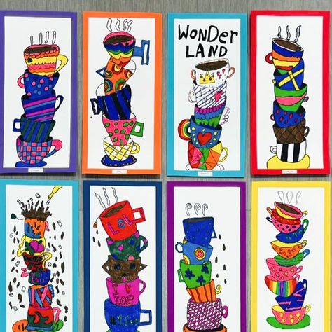 Alice In Wonderland Art Projects, Stacked Teacups, Elementary Art Ideas, Silly Drawings, Alice In Wonderland Art, Alice In Wonderland Artwork, Art Show Ideas, Wonderland Artwork, 3rd Grade Art