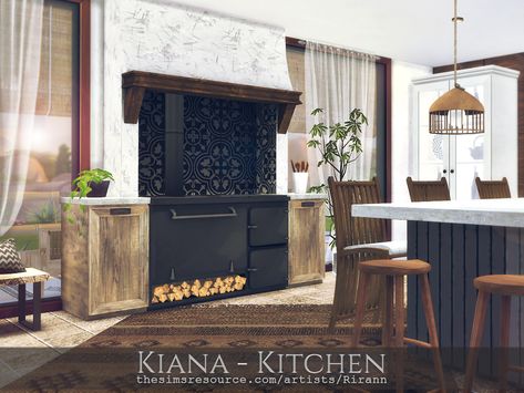 Mediterranean Sims 4 Cc, Modern Country Kitchens, Sims Inspiration, Sims 4 Kitchen, Stone Oven, Wood Plank Flooring, Play Sims 4, Cc Furniture, Mediterranean Kitchen