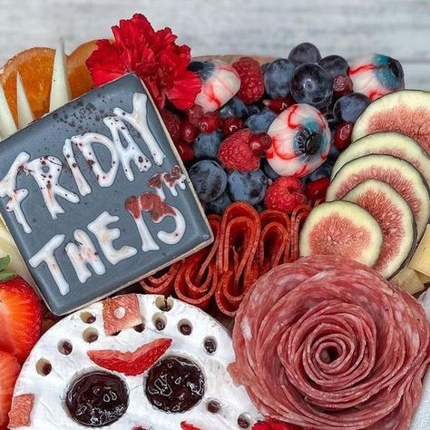 CharityLeaf-Palm Leaf Plates on Instagram: "The proper way to celebrate Friday the 13th is with some Jason Voorcheese! 🤩🥰 Featuring: @festiveandfinecharcuterie #charcuterie #charcuterieboard #cheeseboard #spooky #spookycharcuterie #halloween2023 #spookyseason #halloweenfoodideas #charcutie I #charcuteria #sanantoniocharcuterie #charcuterieartist #foodstylist #foodstyling #sanantonio #sanantoniofoodie #sanantonioeats #shopsmallsatx #satxfoodie #sat× #satxsmallbusiness #satxfood #latinaownedbu Friday The 13th Charcuterie Board, Jason Charcuterie Board, Palm Leaf Plates, Veggie Tray, Leaf Plates, Season Of The Witch, Friday The 13th, Palm Leaf, Charcuterie Board