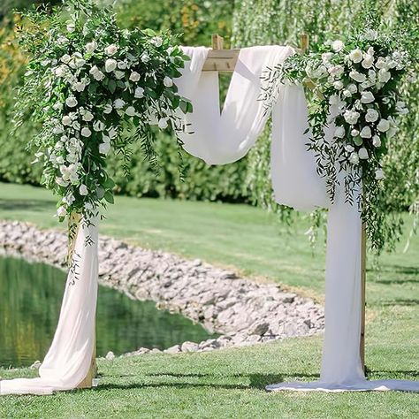 Wedding Ceremony Stage, Drapes Wedding, White Wedding Arch, White Elegance, Aisle Runner, White Chiffon, Chair Decorations, Reception Table, White Paneling