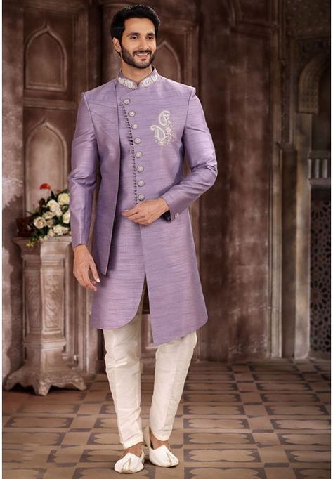 Lilac Art Silk Men Sherwani Western Outfits For Men, Indo Western For Men, Indo Western Sherwani, Mens Wedding Suits, Mens Sherwani, Sherwani For Men, Wedding Sherwani, Wedding Dress Men, Indo Western Dress