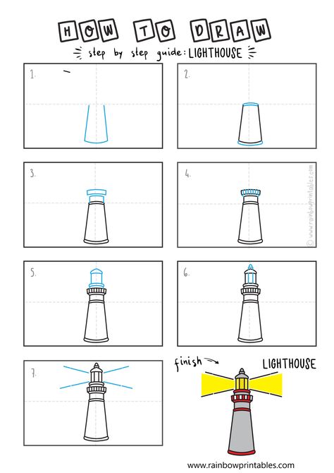 HOW TO DRAW A LIGHTHOUSE BEACH BUILDING ILLUSTRATION STEP BY STEP EASY SIMPLE FOR KIDS How To Draw A Lighthouse, Draw A Lighthouse, Illustration Step By Step, Beach Building, Lighthouse Drawing, Art For Kids Hub, Coloring Printables, Lighthouse Beach, Easy Doodles