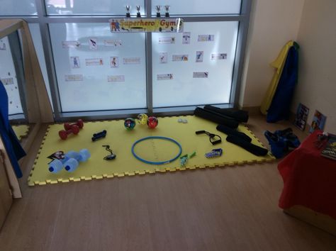 Superhero gym role play area EYFS Gym Dramatic Play, Gym Role Play Eyfs, Gym Dramatic Play Preschool, Superhero Camp Theme, Role Play Areas Eyfs, Kids Role Play, Creative Curriculum Preschool, Daycare Curriculum, Mini Gym