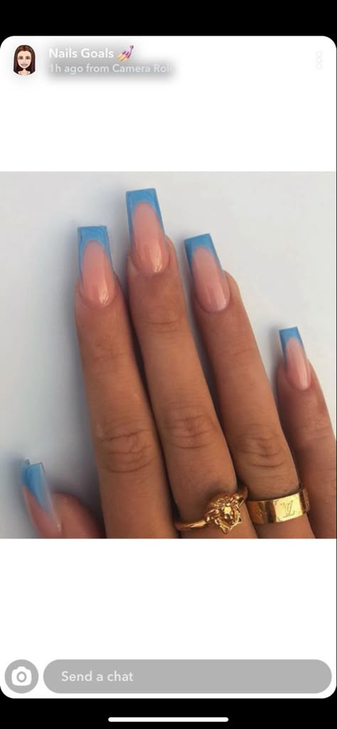 Blue French Tip Ideas, Denim French Tip Nails, Dusty Blue French Tip Nails, French Tips Light Blue, Blue Holiday Nails Summer, Medium Length Blue French Tip Nails, Light Blue French Nails, Light Blue And Dark Blue French Tip Nails, Light Blue French Tip