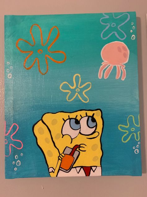 Spongebob Acrylic Painting Easy, Spung Bob Paintings, Things To Paint Spongebob, Sponge Bob Painting Canvas, Spongebob Painting Ideas, Cute Easy Paintings, Spongebob Drawings, Spongebob Painting, سبونج بوب