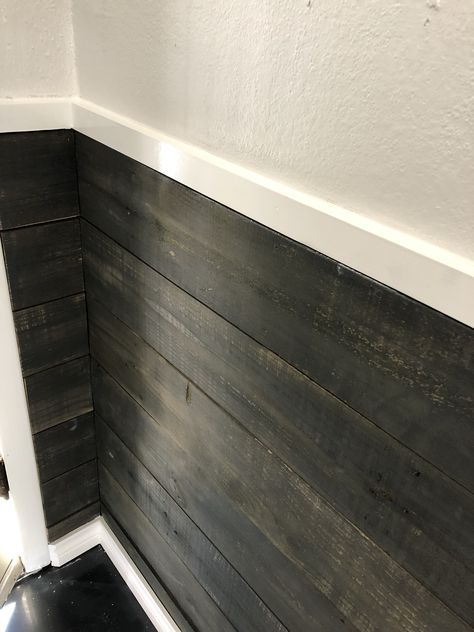 Rustic Black Shiplap Wall, Black Waynes Coating Ideas, Black Pallet Wall, Foyer Wall Ideas, Whitewashing Wood, Stained Shiplap, Black Shiplap, Barn Wood Wall, Wall Stains