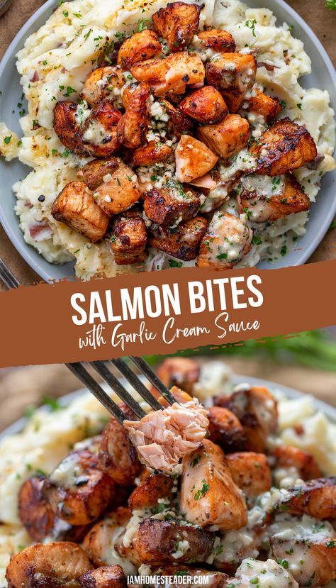 Cubed Salmon, Salmon Filets, Air Fryer Salmon, Salmon Bites, Garlic Cream Sauce, Creamy Garlic Sauce, Natural Diet, Health Dinner, Fish Dinner