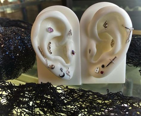 Halloween Ear Curation, Spooky Ear Curation, Piercing Apprenticeship, Piercing Setup, Minneapolis Tattoo, Ouija Tattoo, Dream Piercings, Ear Curation, Witch Tattoo