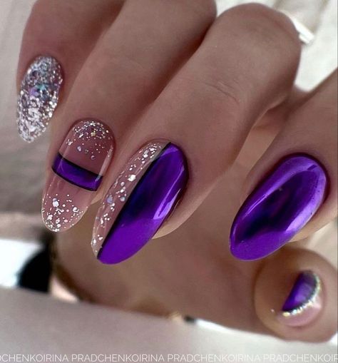 Lilac Nail Designs, Purple Nails Glitter, Lilac Nails Design, Purple And Silver Nails, Purple Glitter Nails, Nail Designs Ideas, Purple Nail Art, Lilac Nails, Lavender Nails