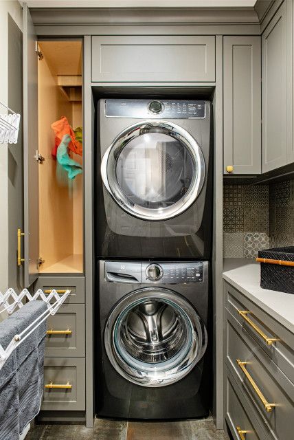 Kingsway - Transitional - Laundry Room - Toronto - by Pizzale Design Inc. | Houzz Compact Laundry Room, Stacked Laundry, Laundry Shoot, Transitional Laundry Room, Laundy Room, Custom Laundry Room, Stacked Laundry Room, Laundry Room Ideas Small Space, Pantry Laundry Room