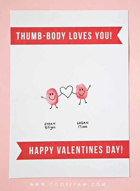 thumb-body loves you. Thumb Print Valentines Cards, Thumb Body Loves You Valentines, Free Printable Valentines, Fingerprint Cards, Easy Valentines, Happy Hearts Day, Printable Valentines, Valentine's Card, Valentines Printables Free