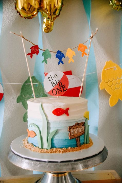 Kids Fishing Birthday Party, Fishing Theme Cake, Fish Cake Birthday, Fishing Themed Birthday Party, Fishing Birthday Party, Boys First Birthday Party Ideas, 2 Birthday Cake, 1st Birthday Party Themes, 1st Birthday Themes