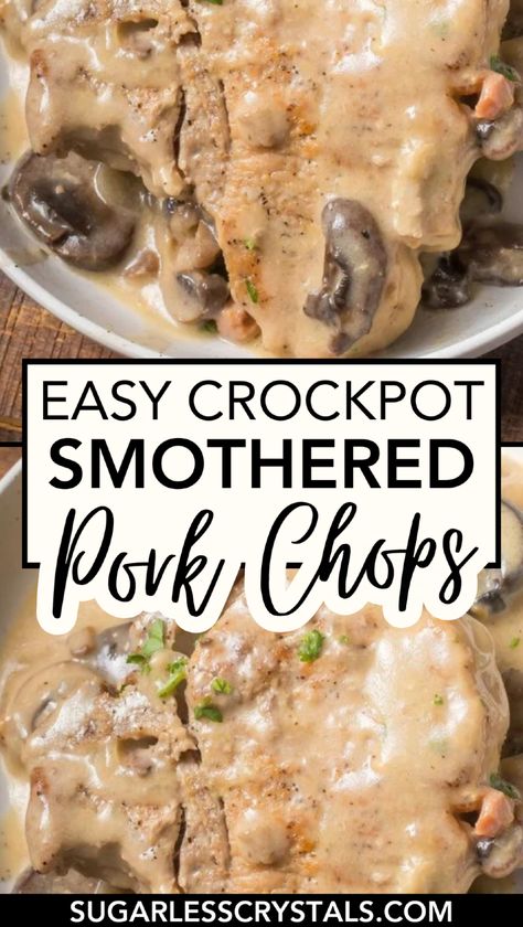 Discover the easiest way to make delicious Crockpot smothered pork chops with this simple recipe. Featuring tender bone-in pork chops, creamy gravy made from cream of mushroom, and a mix of onions, this dish is perfect for pairing with stuffing or mashed potatoes. Whether you’re cooking for a family gathering or a cozy dinner at home, these smothered pork chops are a surefire hit. Try this easy recipe today! Pork Chop Freezer Meals Crockpot, Frozen Pork Chops Crock Pot, Pork Chops With Brown Gravy, Pork Chop Freezer Meals, Crockpot Smothered Pork Chops, Slow Cooker Smothered Pork Chops, Smothered Pork Chops Crock Pot, Pork Chops With Mushrooms, Meals Crockpot