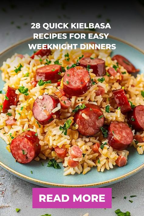 Explore the savory world of kielbasa with these mouthwatering recipes perfect for any weeknight! From comforting casseroles to flavorful pierogis and hearty one-pot wonders, discover new ways to enjoy this delicious sausage. Elevate your dinner game with kielbasa and rice dishes and beyond. Let's cook up some scrumptious meals together! Kielbasa And Rice Casserole, Meals With Kalabasa, Rice Kielbasa Recipes, Rice And Kielbasa Recipe, Kabasa Recipes Dinners Meals, Kielbasa Rice Recipes, Kelbosia Sausage Recipe, Beef Polska Kielbasa Recipes, Instant Pot Kielbasa Recipes