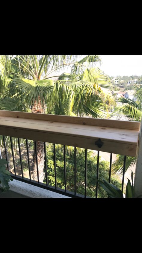 Railing shelf for apartment patio or deck. Strong enough to lean on and hold drinks Deck Shelf Ideas, Porch Railing Shelf, Railing Shelf, Outdoor Shelf, Outdoor Handrail, Outdoor Stair Railing, Deck Bar, Outdoor Shelves, Patio Railing