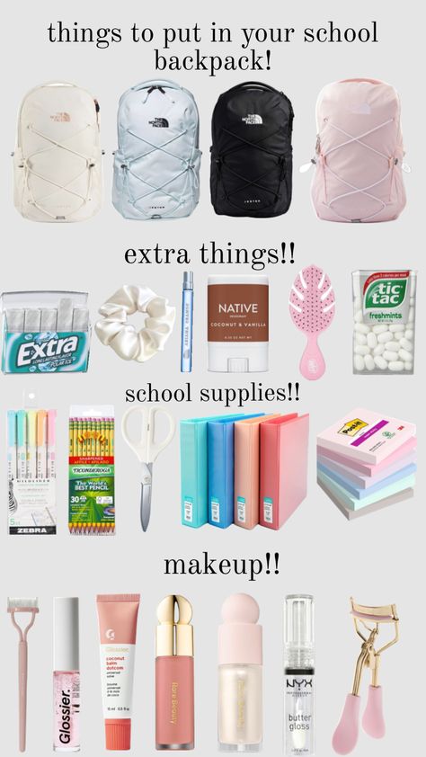 things to put in your backpack!! #beauty #outfitinspo #backpack #northface #northfacebackpack #preppy #makeup #rarebeauty #glossier Middle School Essentials, School Emergency Kit, School Backpack Essentials, Preppy School Supplies, Preppy Makeup, Everyday Bag Essentials, Pretty School Supplies, School Survival Kits, School Bag Essentials