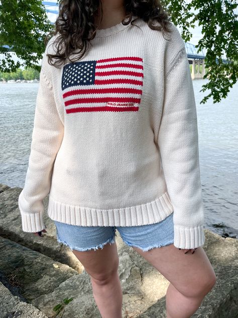 4th of july, 4th of July outfit, 4th of july pics, american flag sweater, ralph lauren aesthetic, ralph Lauren, ralph Lauren sweater, 4th of July outfit inspo, 4th of july photo inspo, ralph lauren American flag sweater Flag Sweater, American Flag Sweater, Knitwear Outfit, Embroidery Sweater, The American Flag, Crop Top Dress, Winter Pullover, Navy Sweaters, Fashion Pattern