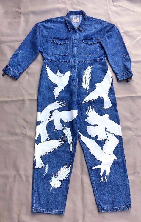 Hand Painted Jumpsuit, Painting Jumpsuit, Painted Coveralls, Painted Dungarees, Painted Jumpsuit, Character Thoughts, Hand Painted Pants, Custom Jumpsuit, Painted Overalls