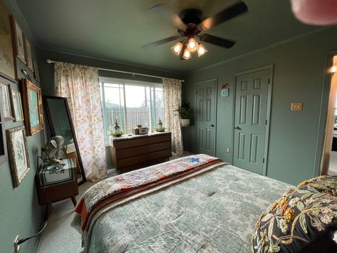 Sage Painted Ceiling, Green Room With Green Ceiling, Valspar Cottage Lattice Green, Sage Walls And Ceiling, All Green Bedroom Walls And Ceiling, Green Attic Room, Green Wall And Ceiling, Ceiling And Walls Same Color, Sage Green Ceiling