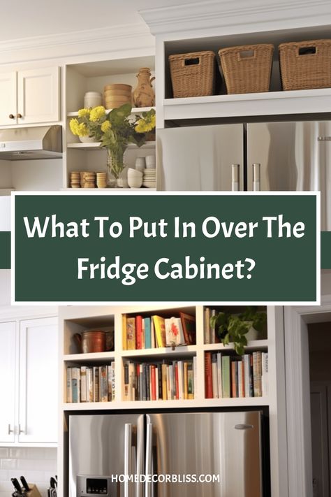 Discover creative and practical ideas for utilizing the space above your fridge with our guide on what to put in over the fridge cabinet. From stylish storage solutions to decorative items, make the most of this often overlooked area in your kitchen. Maximize both function and aesthetics effortlessly! No Cabinet Above Fridge, No Cabinets Above Fridge, Above Refrigerator Storage Ideas, Space Above Fridge Ideas, Over Fridge Cabinet Ideas, Above The Fridge Storage, Over Fridge Storage Ideas, Shelf Over Refrigerator, Above Refrigerator Cabinet