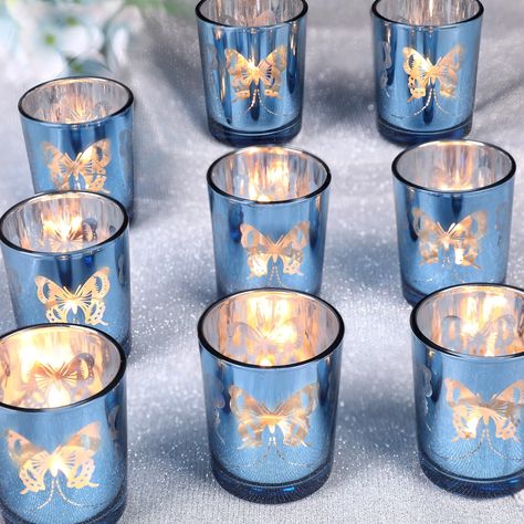 PRICES MAY VARY. ❤️Blue Votive Candle Holders: The blue candle holder is brightly colored and has a unique and elegant design. When lit, it projects a beautiful butterfly light, giving you a dreamy and enchanting atmosphere. You deserve it. ❤️Perfect Blue Candleholders Decoration：Use this blue candle holder at your wedding or dining table, with beautiful butterflies dancing, creating a romantic and unique atmosphere for you. It is especially suitable for summer seaside weddings and various celeb Blue Votive Candle Holders, Butterfly Garden Party, Blue Candle Holders, Table Home Decor, Butterfly Table, Butterfly Lighting, Tea Candles, Blue Candles, Votive Candle