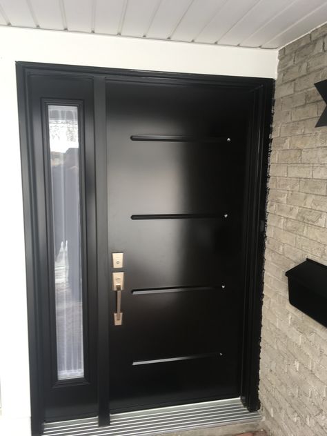 Steel VOG Entry Door with Full Sidelite in Black Modern Black Entry Door, Dark Front Door, Black Entry Doors, Wide Front Doors, Barndo Ideas, Entrance Wood Door, Front Door Inspiration, Black Front Door, House Front Door Design