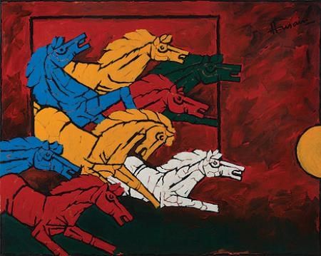 Hussain Paintings, M F Hussain, Mf Hussain Paintings, Mf Hussain, Famous Artists Paintings, Buddha Art Drawing, Dancing Drawings, Canvas Art Projects, Horse Drawings