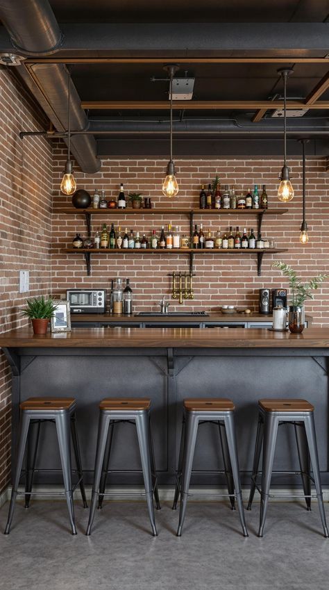 Basements Bar Industrial Basement Remodel, Bar With Brick Wall, Exposed Electrical Conduit Ideas, Brick Wall Bar, Bar Ideas For Restaurants, Modern Rustic Bar, Man Cave Bar Ideas, Industrial Bar Design, Edison Bulb Lighting