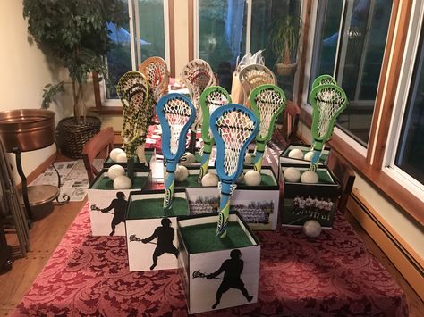 Lacrosse banquet centerpieces. Use pictures from the season on 2 sides of the box. Lacrosse Themed Party, Lacrosse Centerpiece Ideas, Lacrosse Banquet Centerpieces, Lacrosse Banquet Ideas, Lacrosse Centerpieces, Lacrosse Party Decorations, Cute Proposals, Sports Banquet Centerpieces, Lacrosse Decorations