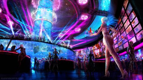 Scifi Club Euphoria by https://www.deviantart.com/ayarne on @DeviantArt Giant Aquarium, Futuristic Wallpaper, Wallpaper Night, Artwork Aesthetic, Science Background, Sci Fi City, Sci Fi Environment, Gato Anime, Cyberpunk Aesthetic