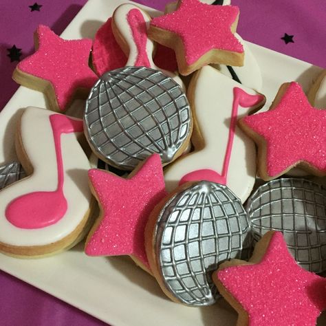 Birthday Party Ideas Disco Theme, Disco Party Treat Table, Disco Party Cookies Decorated, Disco Cookies 70s, Disco Themed Party Snacks, 80s Disco Birthday Party Theme, Pink Disco Cookies, Disco Party Treats, 70s Disco Themed Birthday Party