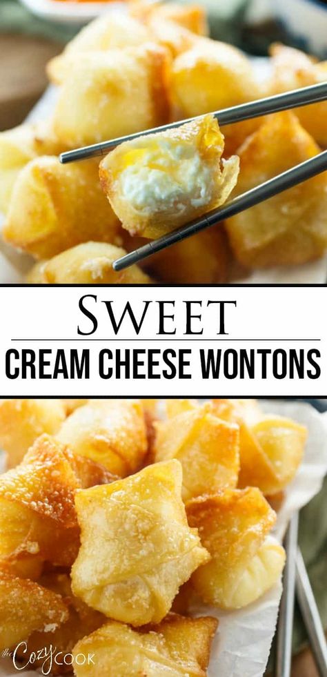 Sweet Cream Cheese Wontons, The Cozy Cook, Cozy Cook, Cream Cheese Wontons, Cheese Wontons, Won Ton, Homemade Chinese Food, Chinese Food Recipes, Wonton Recipes