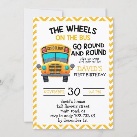 School Bus Birthday Party, Bus Birthday Party, 80th Birthday Invitations, Wheels On The Bus, Boy Birthday Invitations, Second Birthday, Birthday Invitations Kids, Boy First Birthday, School Parties