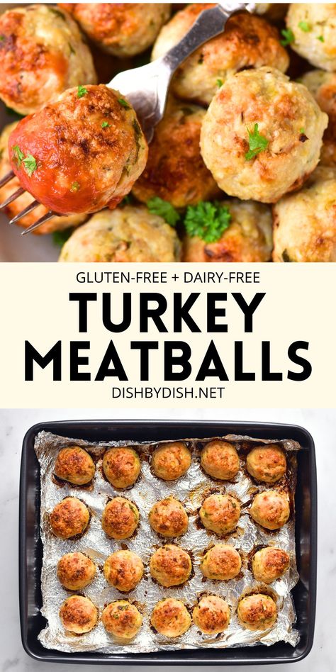 Juicy and flavorful, these gluten-free turkey meatballs make a delicious appetizer and finger food for gatherings and dinner parties. Serve with your favorite sauce and your guests will be begging for seconds! Totally dairy-free too. Gluten Free Turkey Meatballs, Gluten Free Turkey, Turkey Meat, Turkey Meatballs, Ground Turkey, Yummy Appetizers, Finger Food, Dinner Parties, Finger Foods