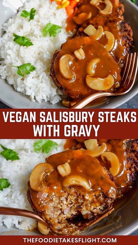 Wfpbno Recipes, Gravy Vegan, Salisbury Steaks, Vegan Mushroom Gravy, Vegan Meat Recipe, Vegan Steak, Vegan Gravy, Mushroom Gravy, Salisbury Steak